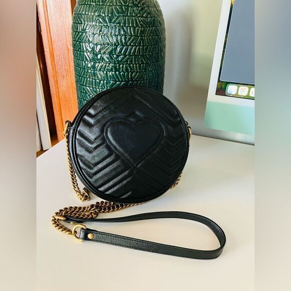 Gucci | GG Marmont Mini Round Leather Shoulder Bag in Black with Gold Chain - Picture 11 of 11